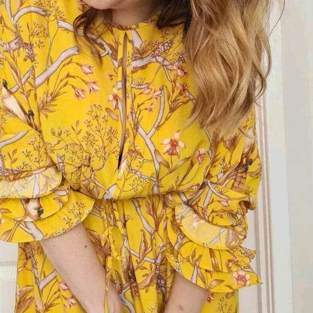 H&M Johanna Ortiz Women's Yellow Floral Boho Frill Summer Midi Crepe Dress Sz XS - Picture 3 of 16